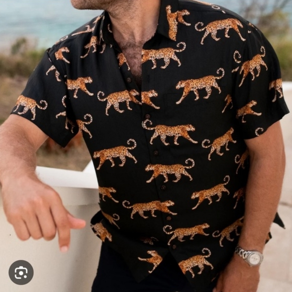 Kenny Flowers Catwalk King Black Leopard Cheetah Silk Hawaiian Button Down Shirt